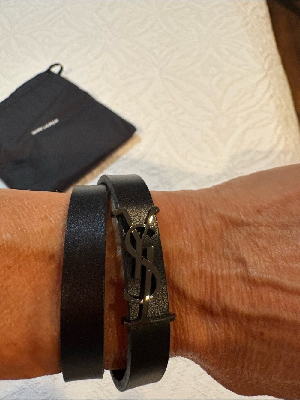 Yves Saint Laurent Black Leather Bracelet with Pewter tone logo